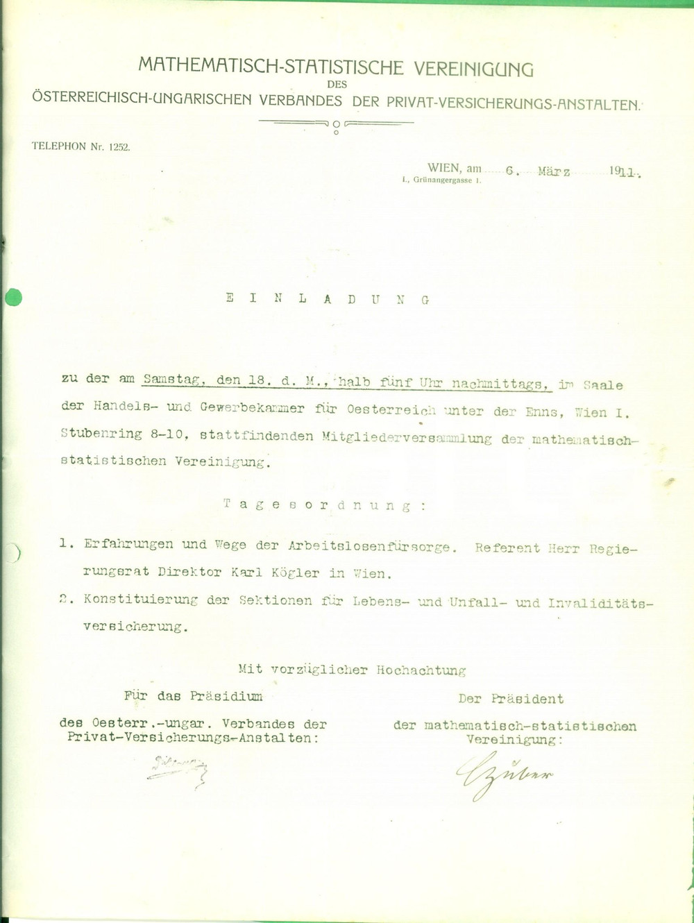 Documento originale, autentico 1911 TRIESTE MathematischStatistische Vereinigung Riunione assemblea Lettera 1