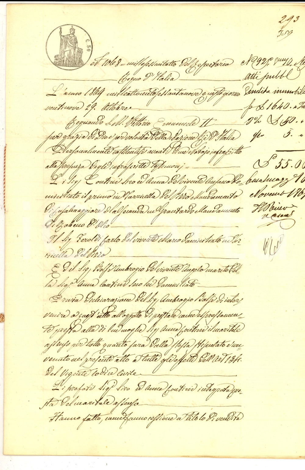 Documento originale, autentico 1869 TORRICELLA DEL PIZZO  Siro e Anna CONTINI vendono casa a Clemente FARINA 1