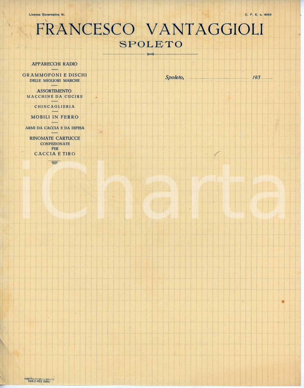Documento originale, autentico 1930 ca SPOLETO Francesco VANTAGGIOLI Apparecchi radio  Fattura non compilata 1