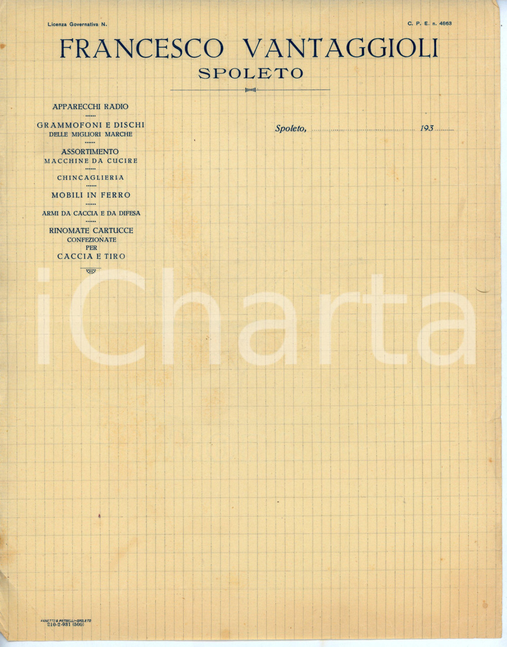 Documento originale, autentico 1930 ca SPOLETO Francesco VANTAGGIOLI Apparecchi radio  Fattura non compilata 1 1