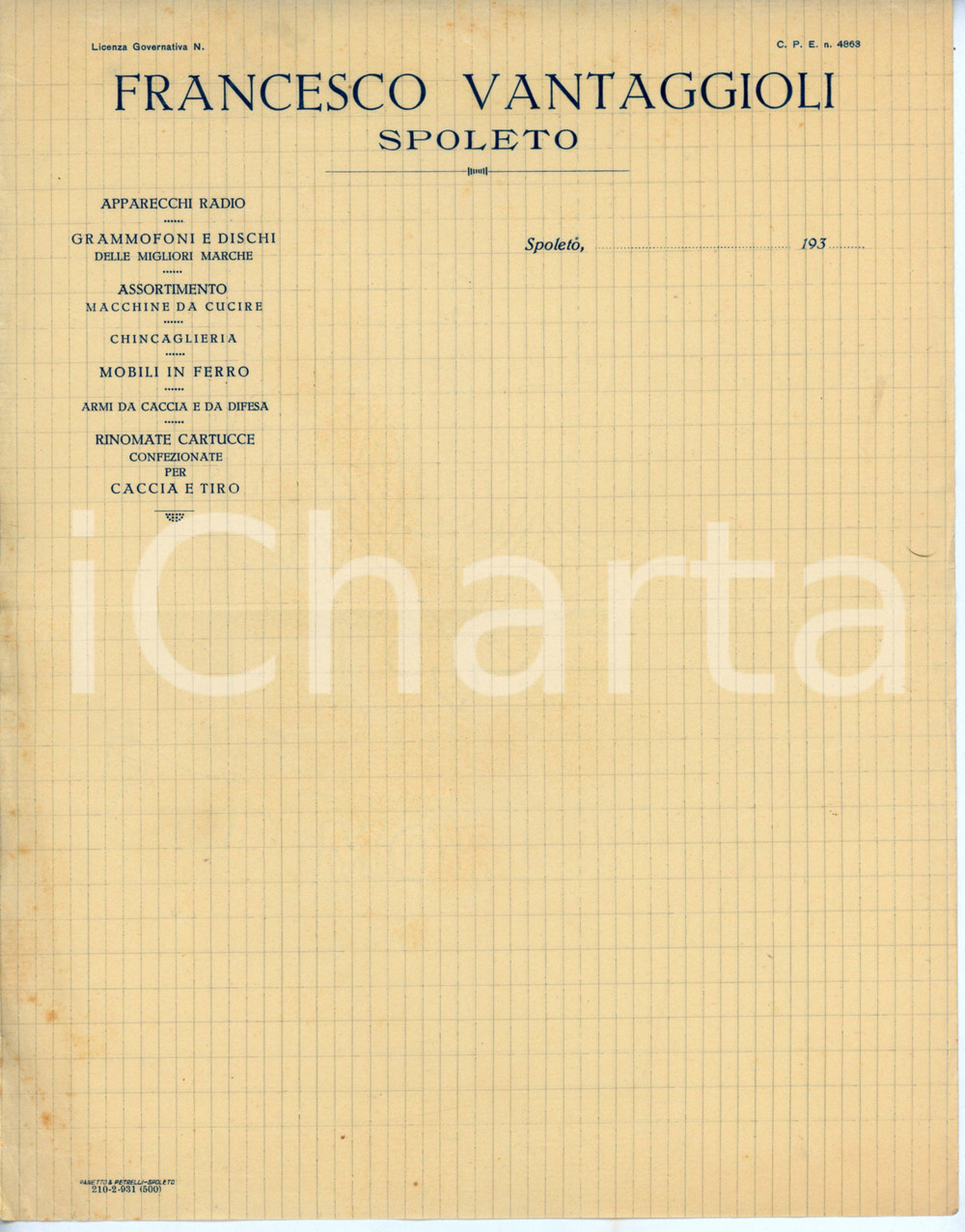 Documento originale, autentico 1930 ca SPOLETO Francesco VANTAGGIOLI Apparecchi radio  Fattura non compilata 2 1