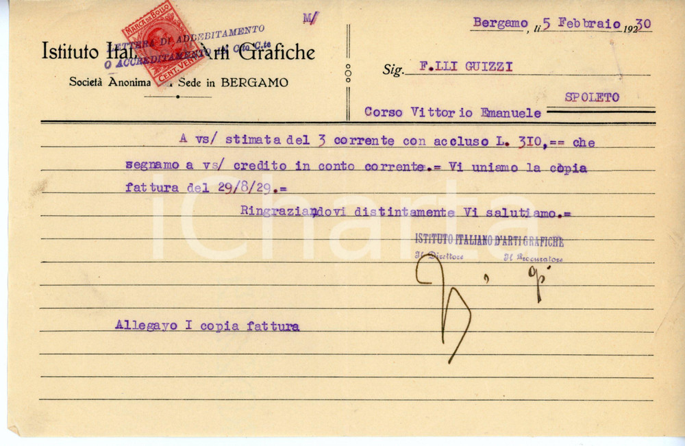 Documento originale, autentico 1930 BERGAMO Istituto d arti grafiche  Lettera commerciale 22x14 cm 1
