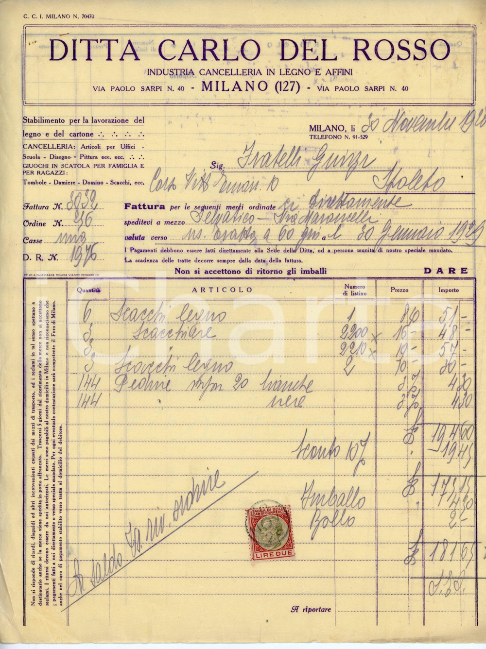 Documento originale, autentico 1928 MILANO Ditta Carlo DEL ROSSO Cancelleria in legno Fattura per scacchi 1