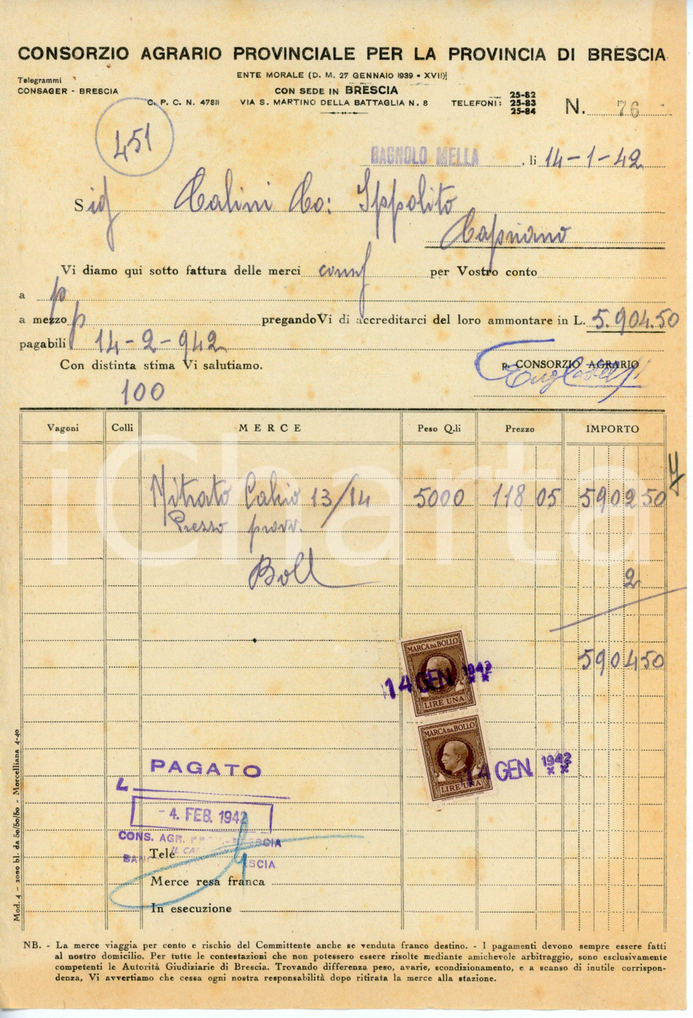 Documento originale, autentico 1942 BRESCIA Consorzio agrario provinciale  Fattura per nitrato 19x28 cm 1