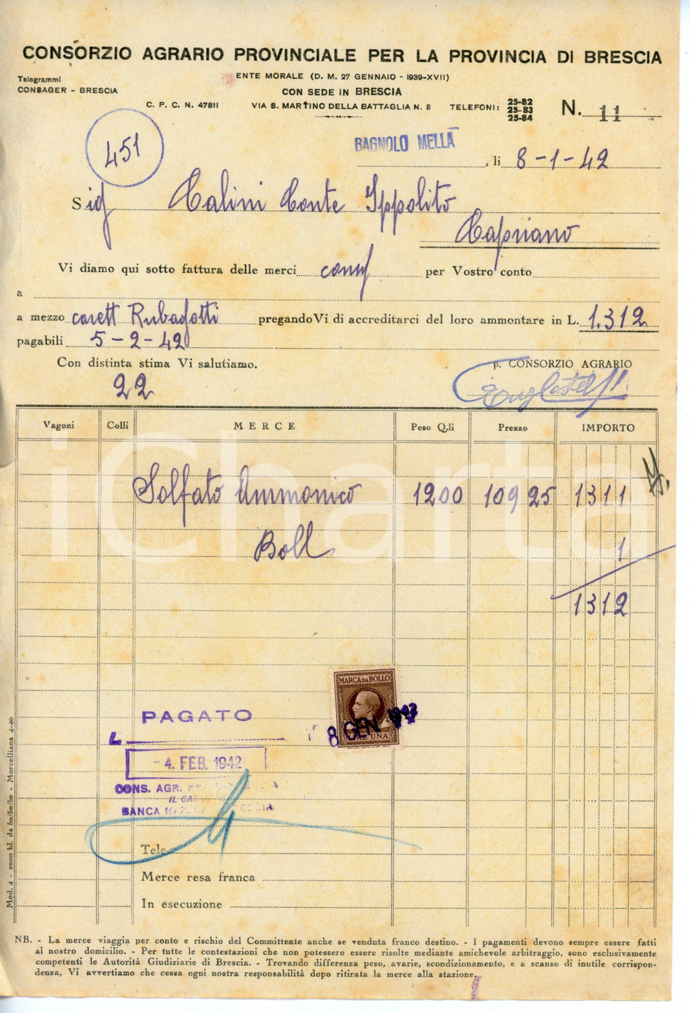 Documento originale, autentico 1942 BRESCIA Consorzio agrario provinciale  Fattura per solfato ammonico 1