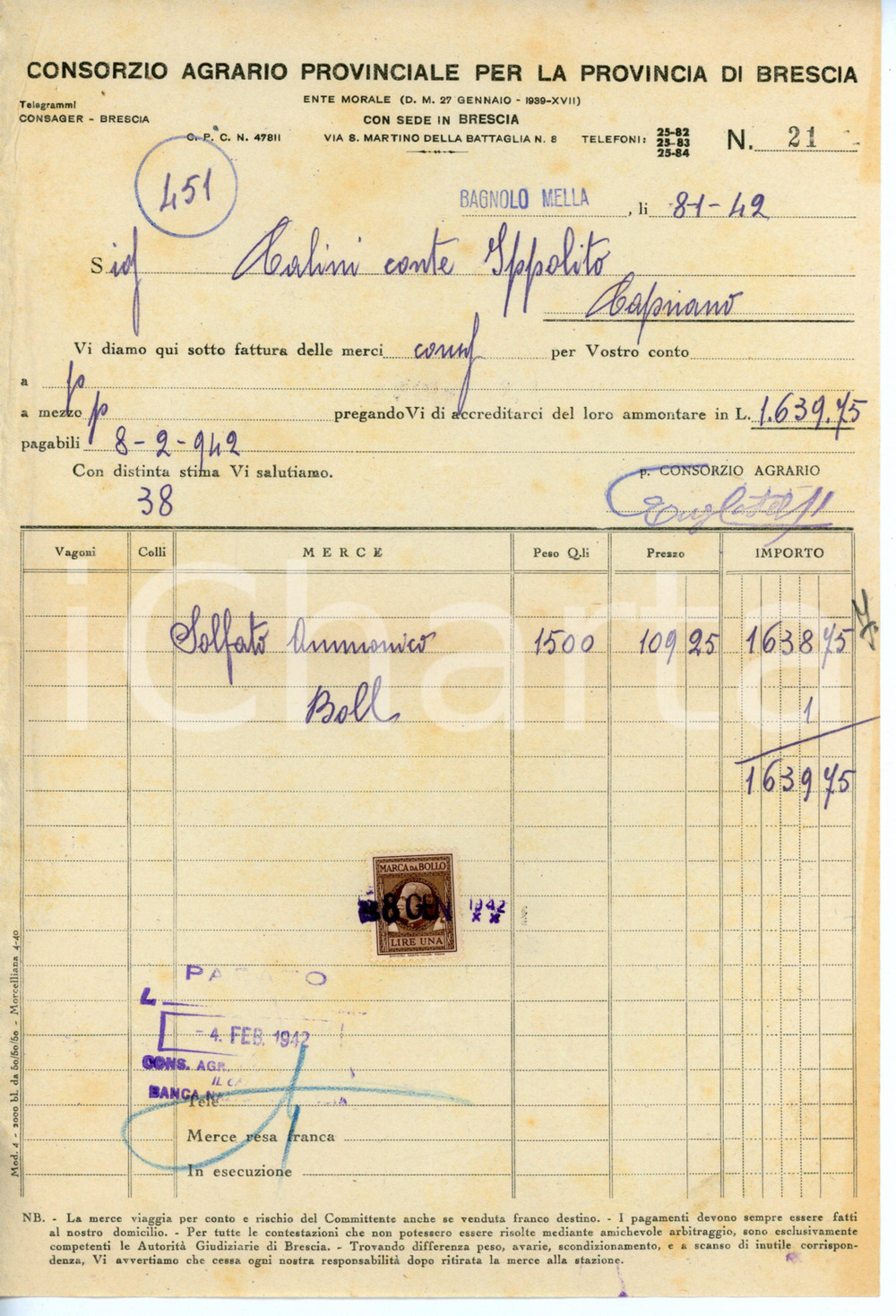 Documento originale, autentico 1942 BRESCIA Consorzio agrario provinciale  Fattura per solfato ammonico 1 1