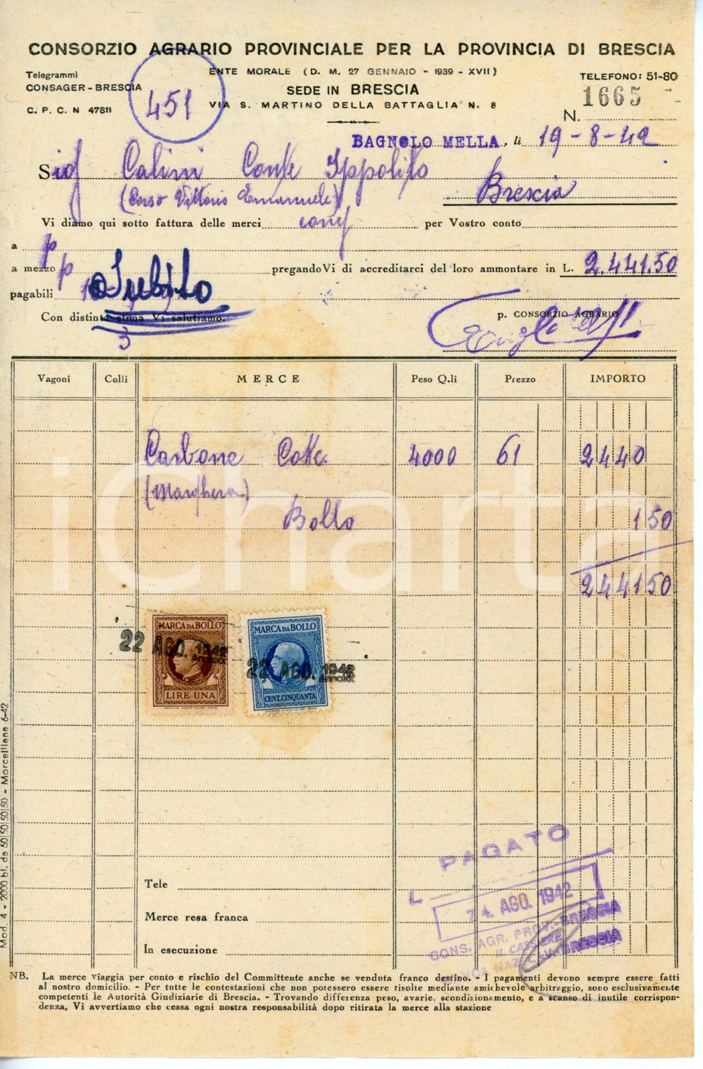 Documento originale, autentico 1942 BRESCIA Consorzio agrario provinciale  Fattura per carbone 16x24 cm 1