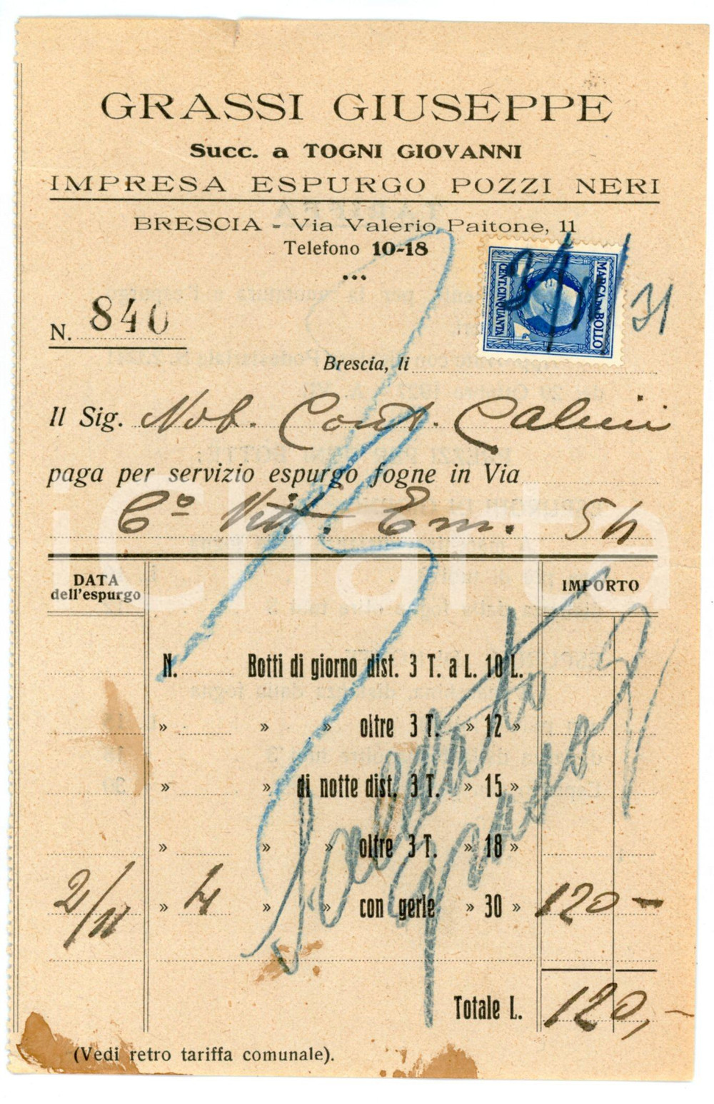 Documento originale, autentico 1931 BRESCIA Giuseppe GRASSI Impresa espurgo pozzi neri  Fattura 11x17 cm 1