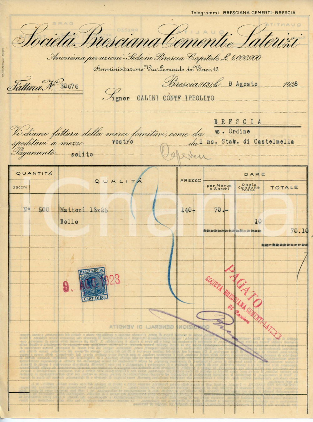 Documento originale, autentico 1928 BRESCIA Società bresciana cementi laterizi  Fattura Conte Ippolito CALINI 1