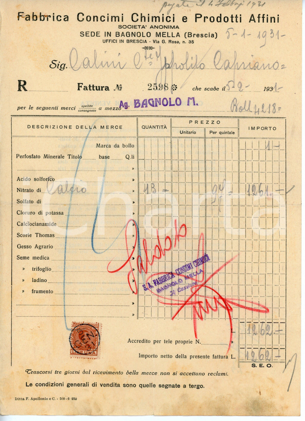 Documento originale, autentico 1931 BAGNOLO MELLA Fabbrica concimi chimici  Fattura Conte Ippolito CALINI 1
