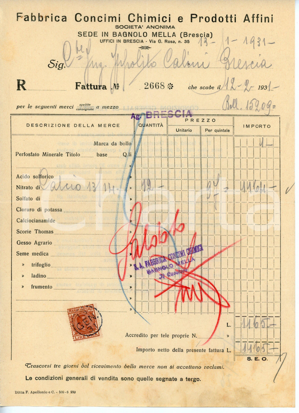 Documento originale, autentico 1931 BAGNOLO MELLA Fabbrica concimi chimici  Fattura Conte Ippolito CALINI 1 1