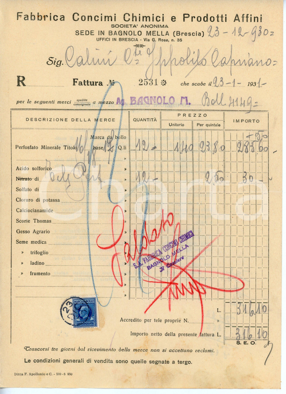 Documento originale, autentico 1931 BAGNOLO MELLA Fabbrica concimi chimici  Fattura Conte Ippolito CALINI 2 1