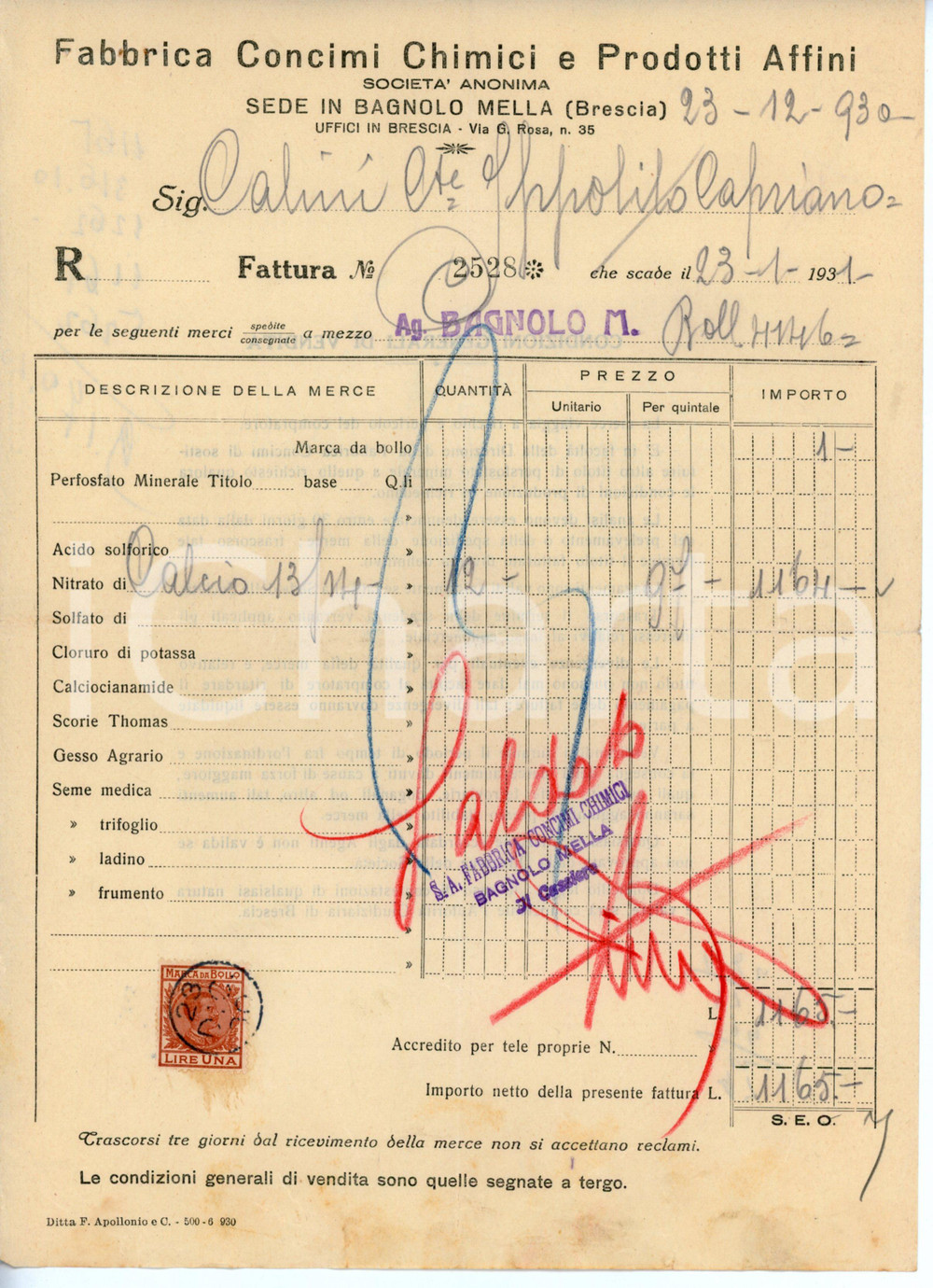 Documento originale, autentico 1931 BAGNOLO MELLA Fabbrica concimi chimici  Fattura Conte Ippolito CALINI 3 1