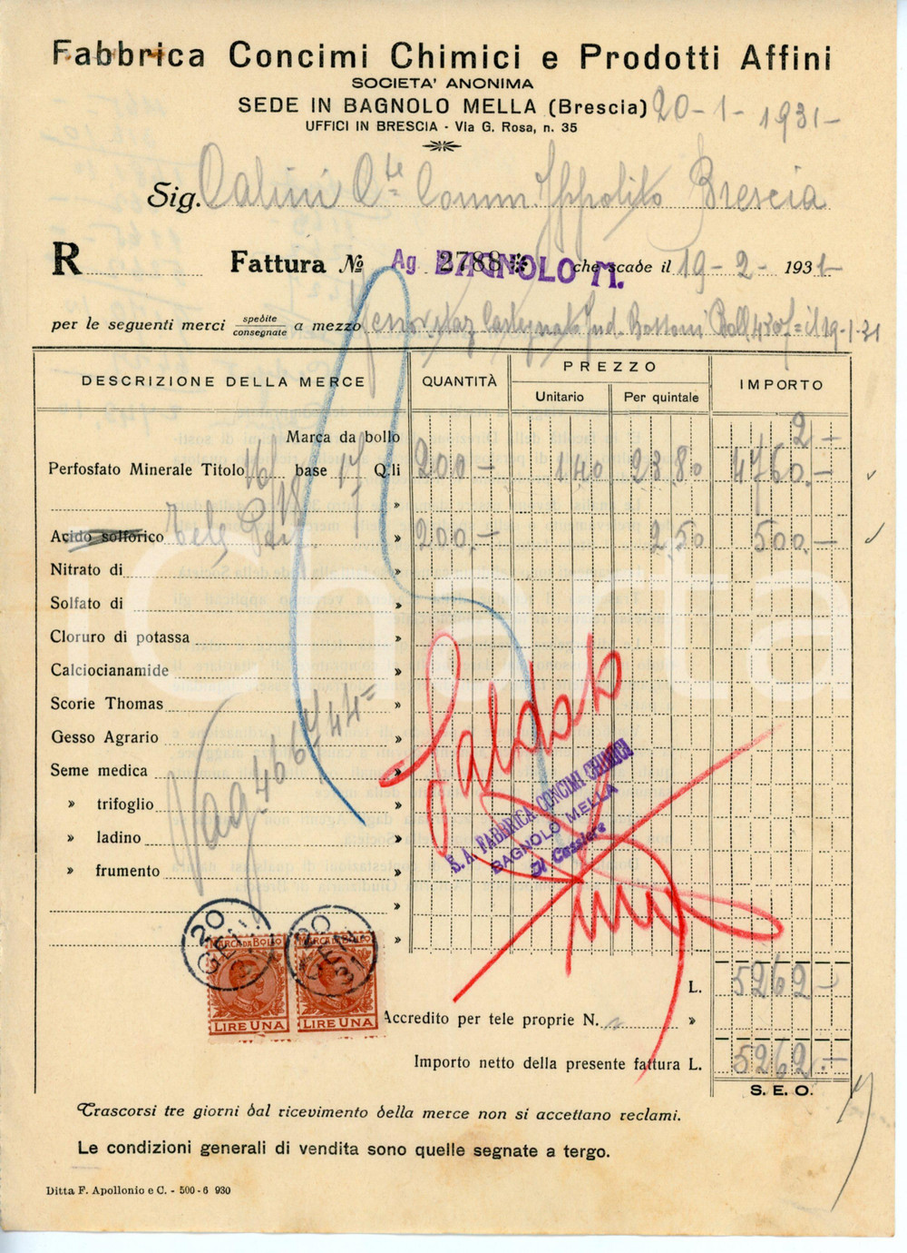 Documento originale, autentico 1931 BAGNOLO MELLA Fabbrica concimi chimici  Fattura Conte Ippolito CALINI 4 1