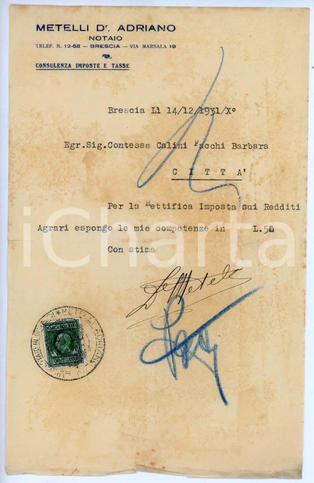 Documento originale, autentico 1931 BRESCIA Notaio Adriano METELLI Ricevuta per Contessa Barbara FACCHI CALINI 1