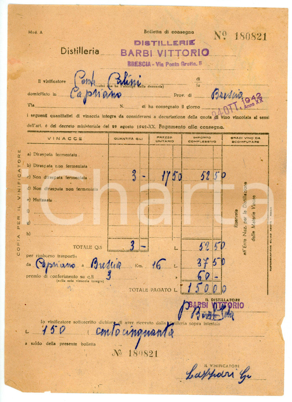 Documento originale, autentico 1942 BRESCIA Distilleria Vittorio BARBI Fattura vinacce a Conte Ippolito CALINI 1