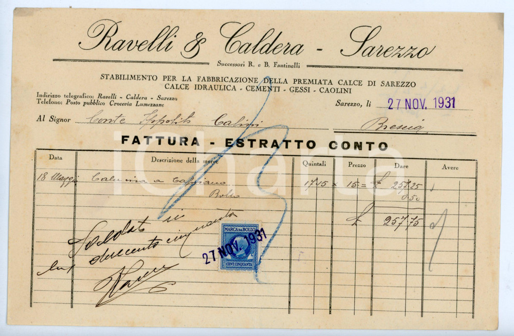 Documento originale, autentico 1931 SAREZZO Stabilimento calce RAVELLI E CALDERA Fattura Conte Ippolito CALINI 1