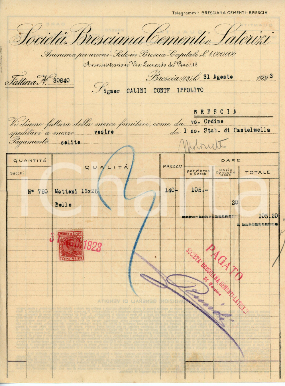 Documento originale, autentico 1928 BRESCIA Società bresciana cementi laterizi Fattura Conte Ippolito CALINI 1 1