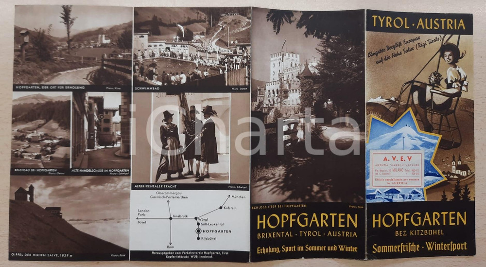 Materiale pubblicitario d’epoca 1940 ca TYROL AUSTRIA Hopfgarten bez. Kitzbuhel Pieghevole TURISMO ILLUSTRATO 1