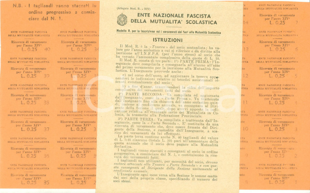 Documento originale, autentico 1935 ENTE NAZIONALE FASCISTA MUTUALITA  SCOLASTICA  Istruzioni e tagliandi 1