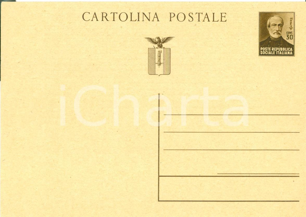 Cartolina originale da collezione 1944 RSI Cartolina intero postale REPUBBLICA SOCIALE Cent. 30 MAZZINI FG NV 1