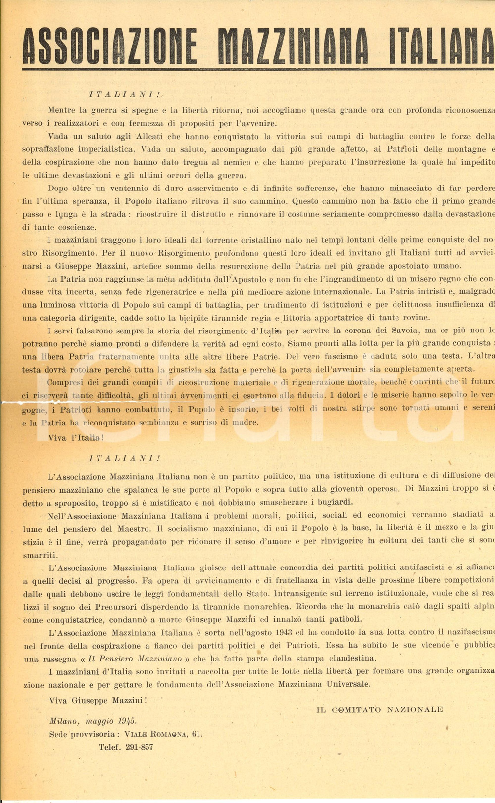 Documento originale, autentico 1945 PROPAGANDA Associazione Mazziniana Italiana saluta fine della guerra 2 1