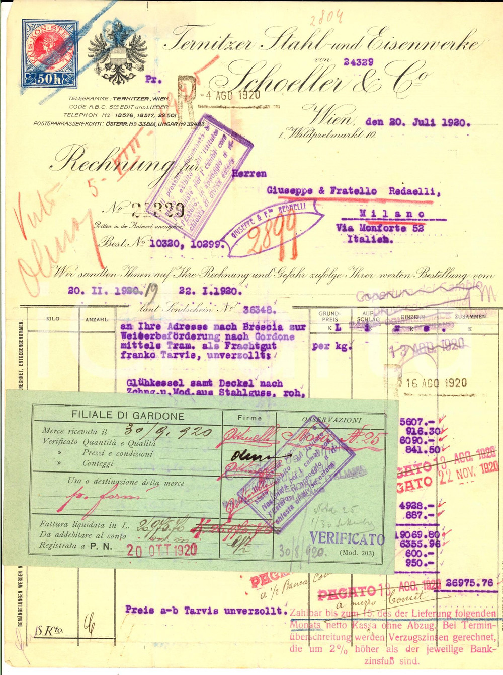 Documento originale, autentico 1920 WIEN Ditta SCHOELLER & Co Fattura intestata per materiale edile 2 1