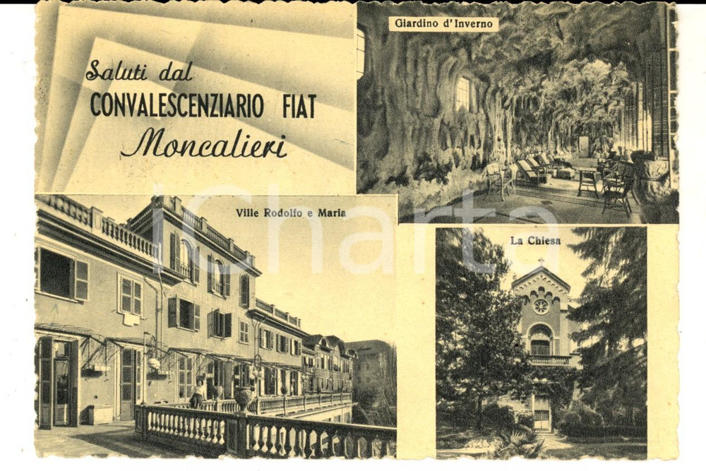Cartolina originale da collezione 1950 MONCALIERI TO Vedutine CONVALESCENZIARIO FIAT e Villa MARIA FG VG 1