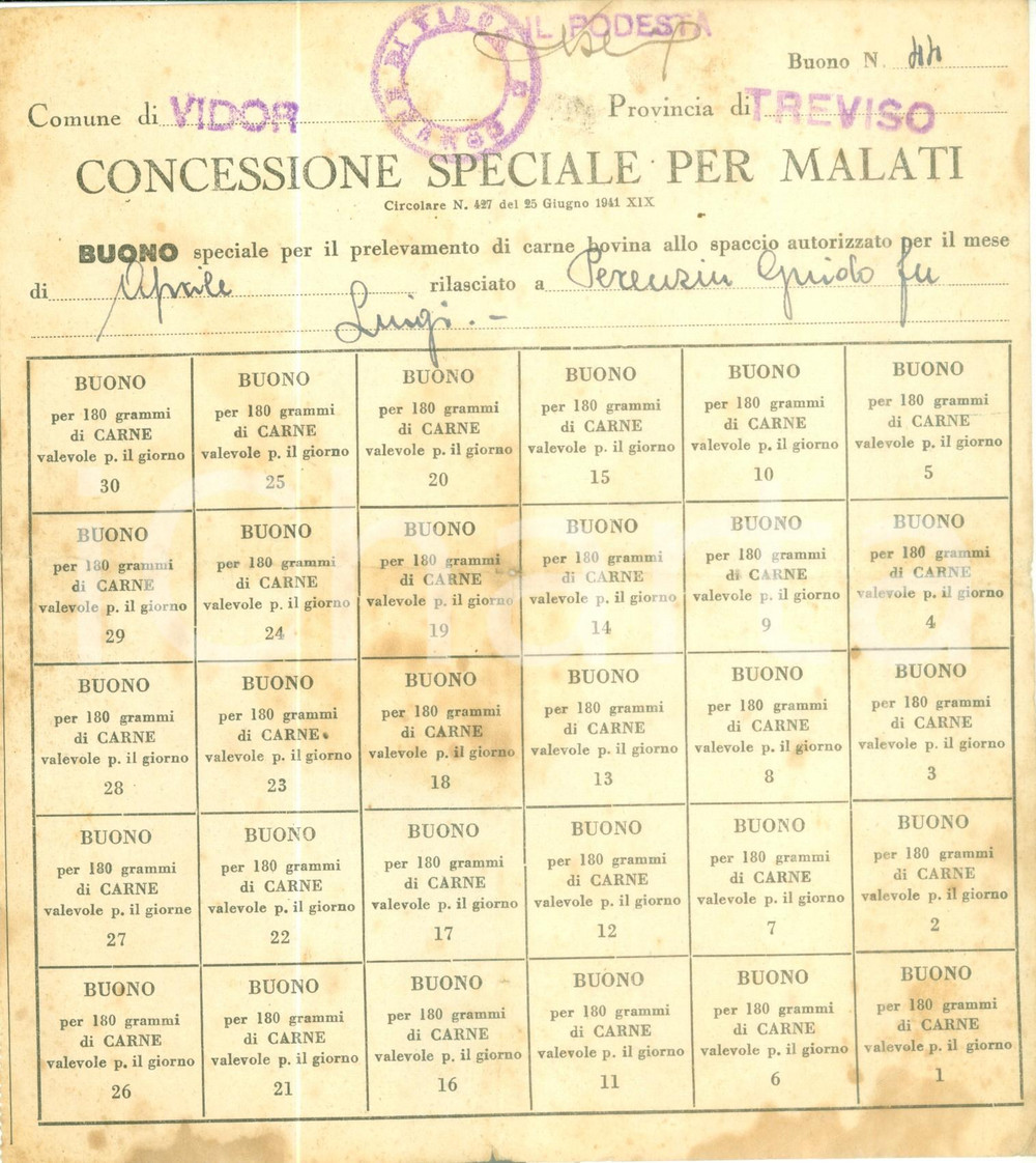 Documento originale, autentico 1941 VIDOR Concessione speciale per malati Buoni per carne bovina Documento 1