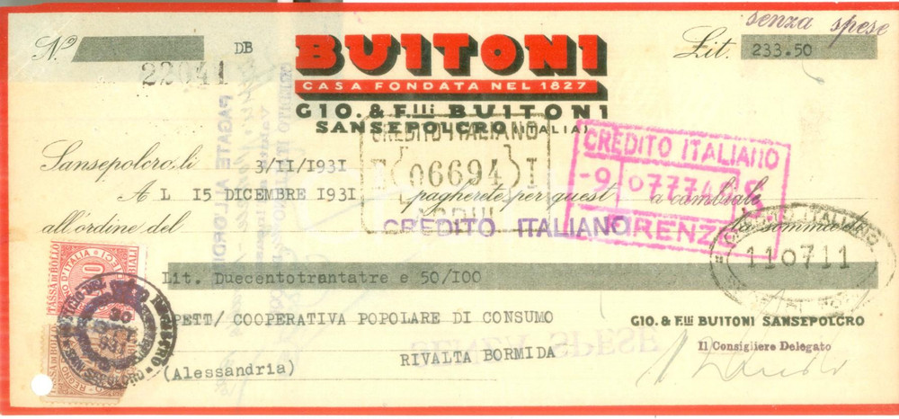 Documento originale, autentico 1931 SANSEPOLCRO AR Giovanni & Fratelli BUITONI Cambiale pubblicitaria 1