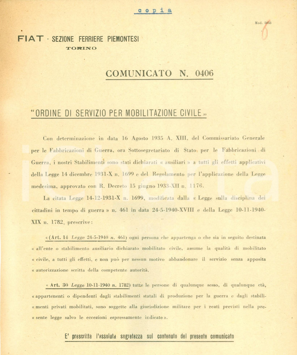 Documento originale, autentico 1941 TORINO FIAT Sezione Ferriere Piemontesi Ordine Mobilitazione SEGRETO 1