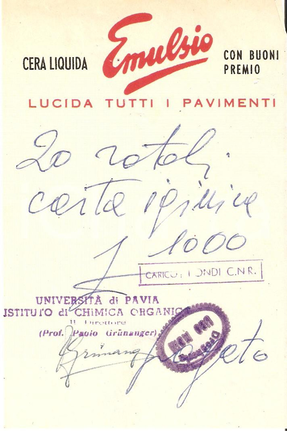 Materiale pubblicitario d’epoca 1965 ca PAVIA Drogheria Ugo MORO Cera liquida EMULSIO Ricevuta 9x13 1