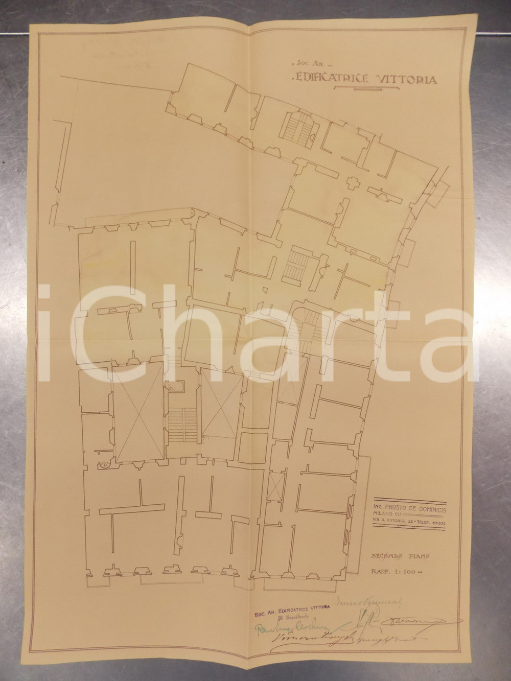 Mappa, planimetria storica 1930 MILANO Ing. DE DOMINICIS Edificatrice VITTORIA Planimetria casa 3°piano 1