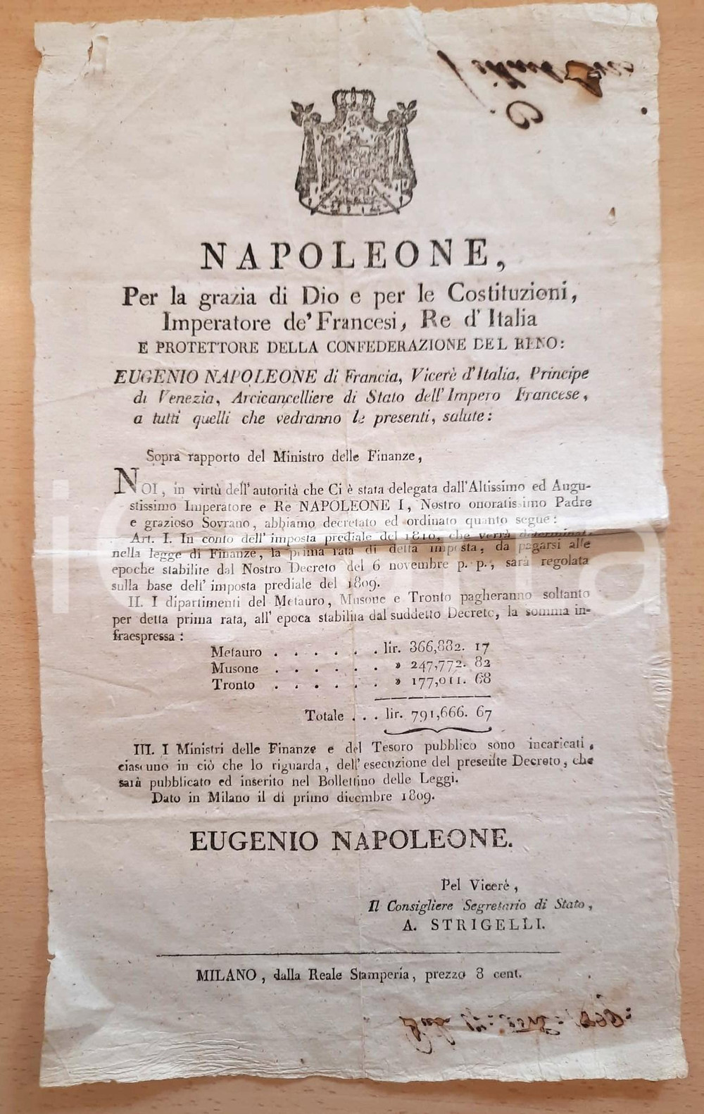Documento originale, autentico 1809 MILANO REGNO D ITALIA Dipartimenti e imposta prediale Manifesto 24x42 cm 1