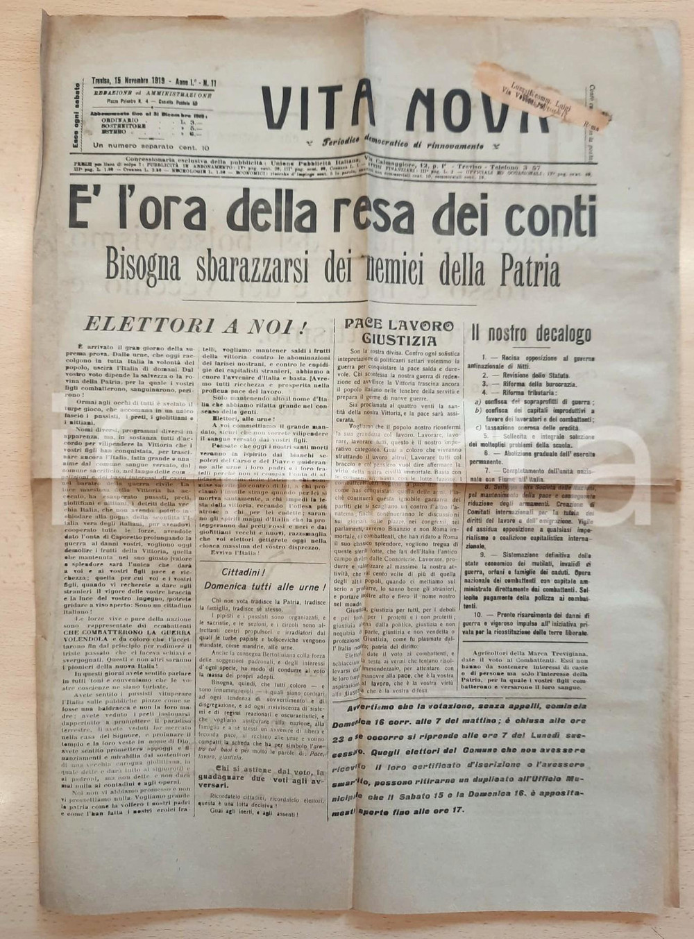 Giornale, rivista storica 1919 TREVISO VITA NOVA Al voto per sbarazzarsi dei nemici della Patria Giornale 1