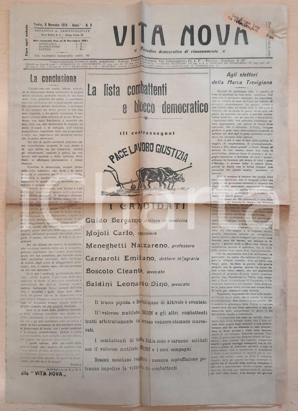 Giornale, rivista storica 1919 TREVISO VITA NOVA Lista combattenti e blocco democratico  Giornale 1