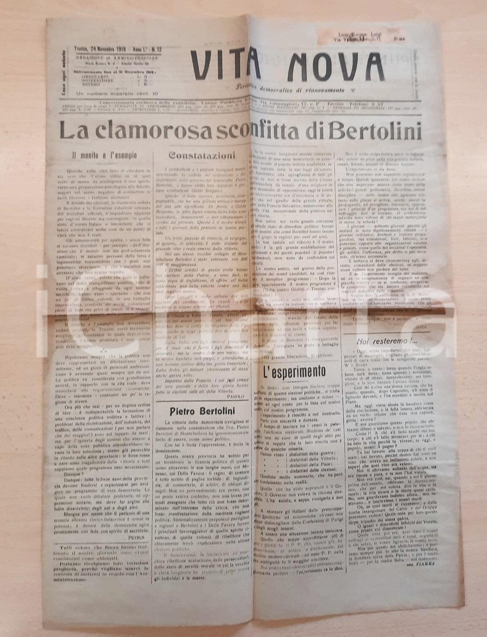 Giornale, rivista storica 1919 TREVISO VITA NOVA Clamorosa sconfitta di Pietro BERTOLINI  Giornale 1
