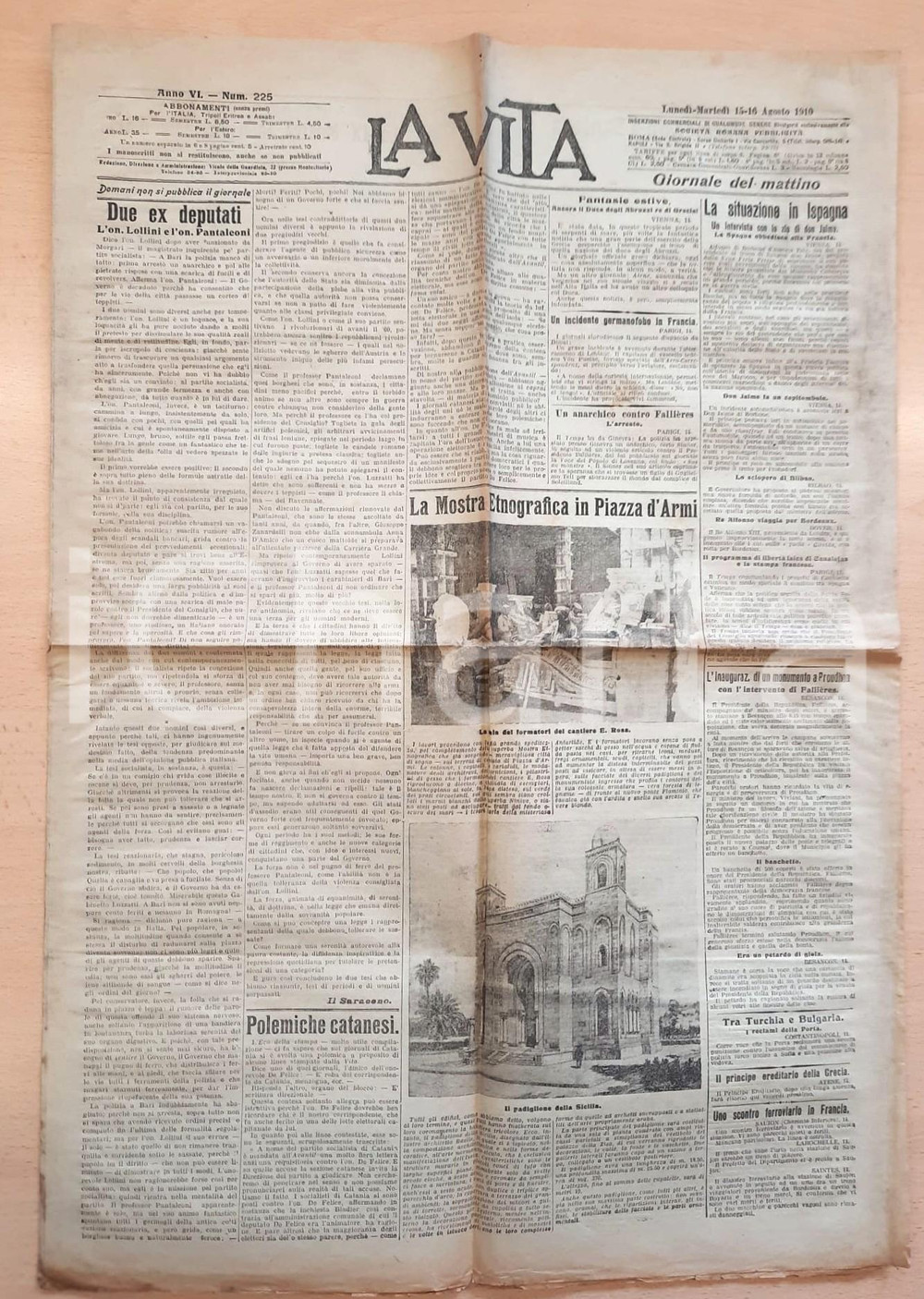 Giornale, rivista storica 1910 LA VITA Mostra Etnografica a Roma  Ex deputati LOLLINI e PANTALEONI 1