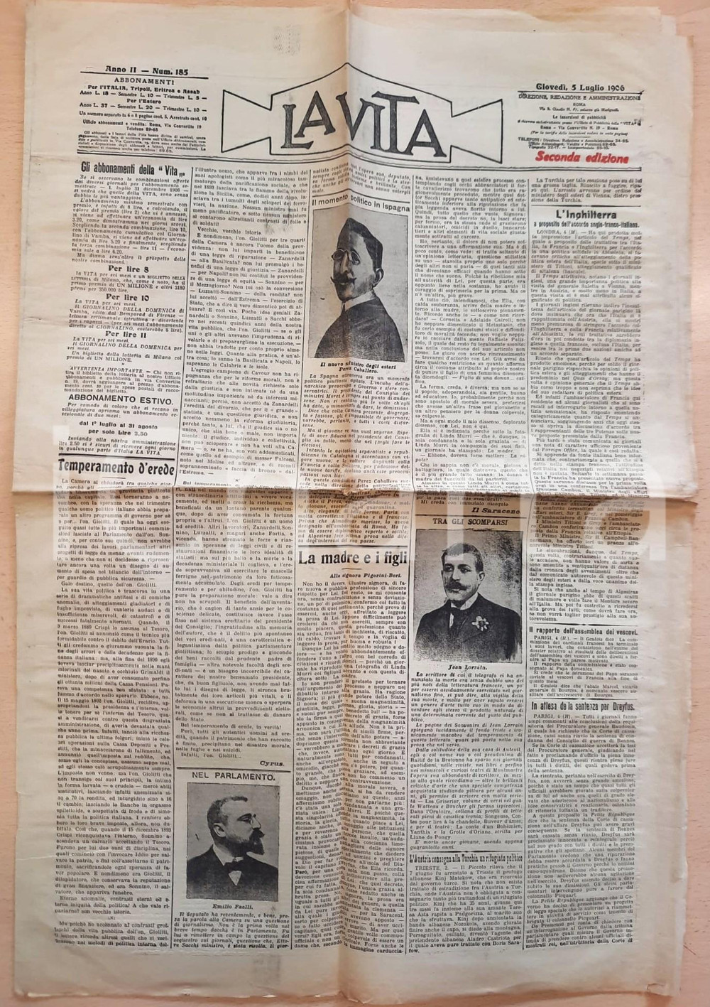 Giornale, rivista storica 1906 LA VITA Juan PÉREZ CABALLERO nuovo ministro Esteri spagnolo Giornale 1