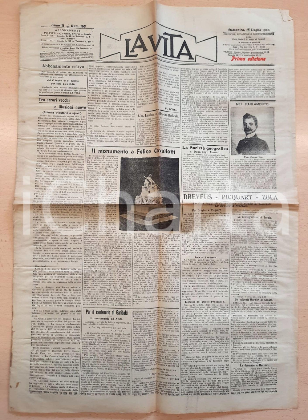 Giornale, rivista storica 1906 LA VITA Inaugurazione monumento a Felice Cavallotti a Milano Giornale 1