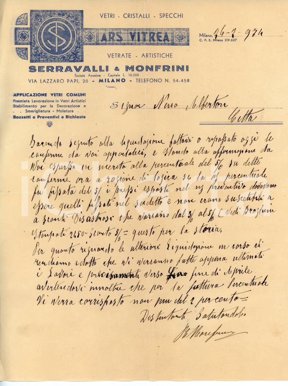 1934 MILANO Vetraio ARS VITREA Serravalli e Monfrini - Lettera a Nerio ALBERTON Lettera commerciale d'epoca. CONDIZIONI:FAIR/discreto Piegature centrali d'epoca, piccoli strappi al margineFORMATO: 22x28 cm originale e autentica 1