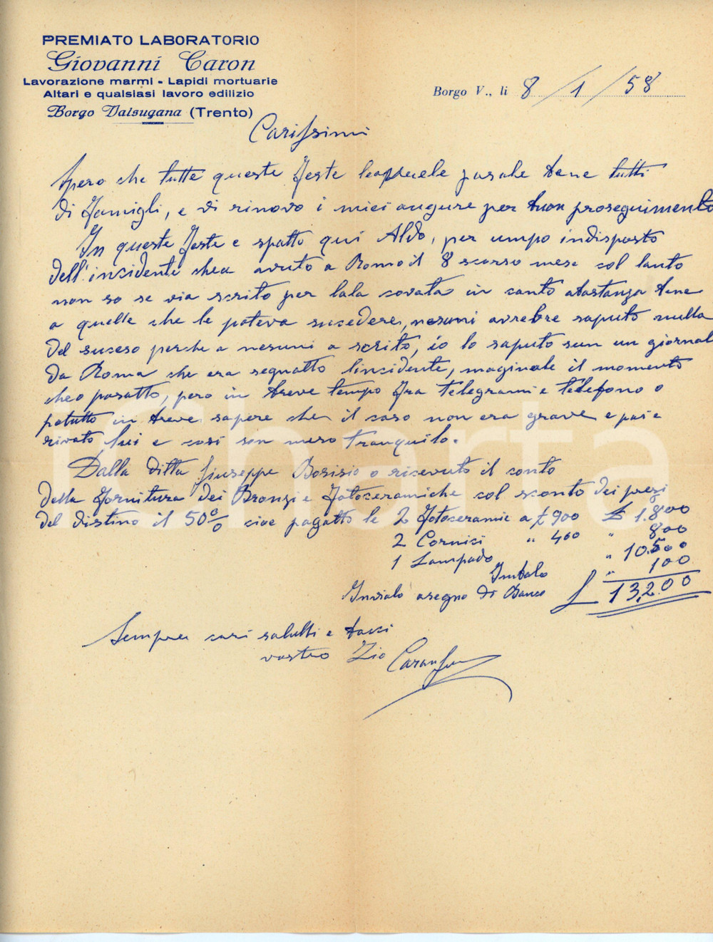 1958 BORGO VALSUGANA Lavorazione marmi Giovanni CARON Lettera commerciale Lettera commerciale d'epoca, con busta. CONDIZIONI:FAIR/discreto Piegature centrali d'epoca, lievi bruniture, strappi alla bustaFORMATO: 23x28 cm originale e autentica 1