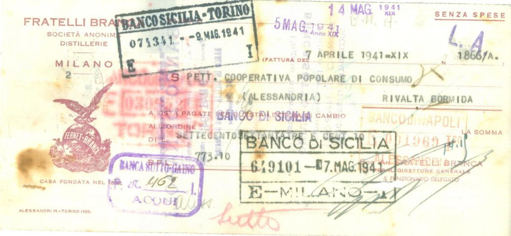 Documento originale, autentico 1941 MILANO Fratelli BRANCA Società an. distillerie Cambiale pubblicitaria 1 1