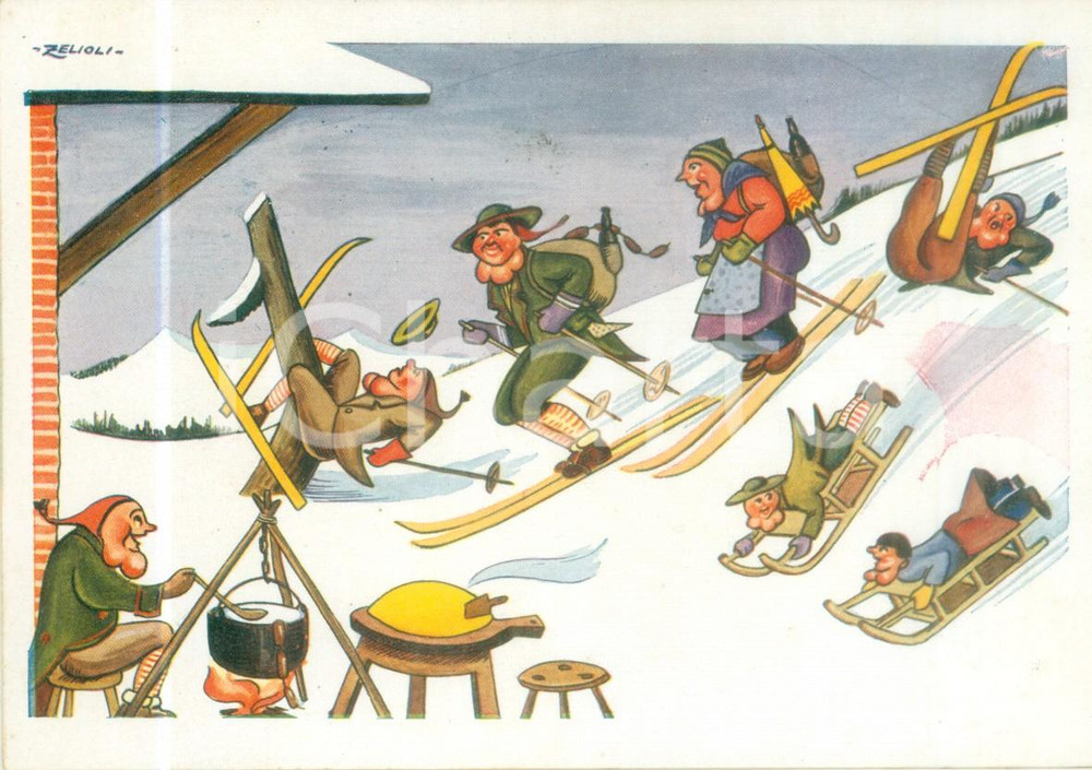 Cartolina originale da collezione 1970 ca BERGAMO Di corsa su sci a mangiare polenta Cartolina ZELIOLI 1