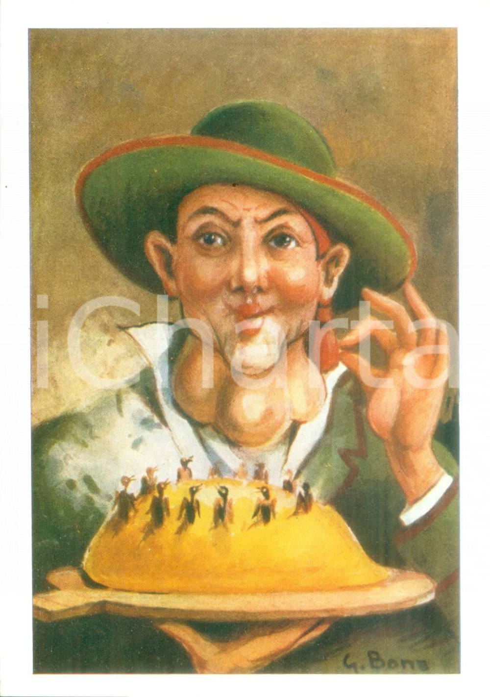 Cartolina originale da collezione 1970 ca BERGAMO Bergamasco mangia polenta e osei Cartolina ILL. G. BONA 1
