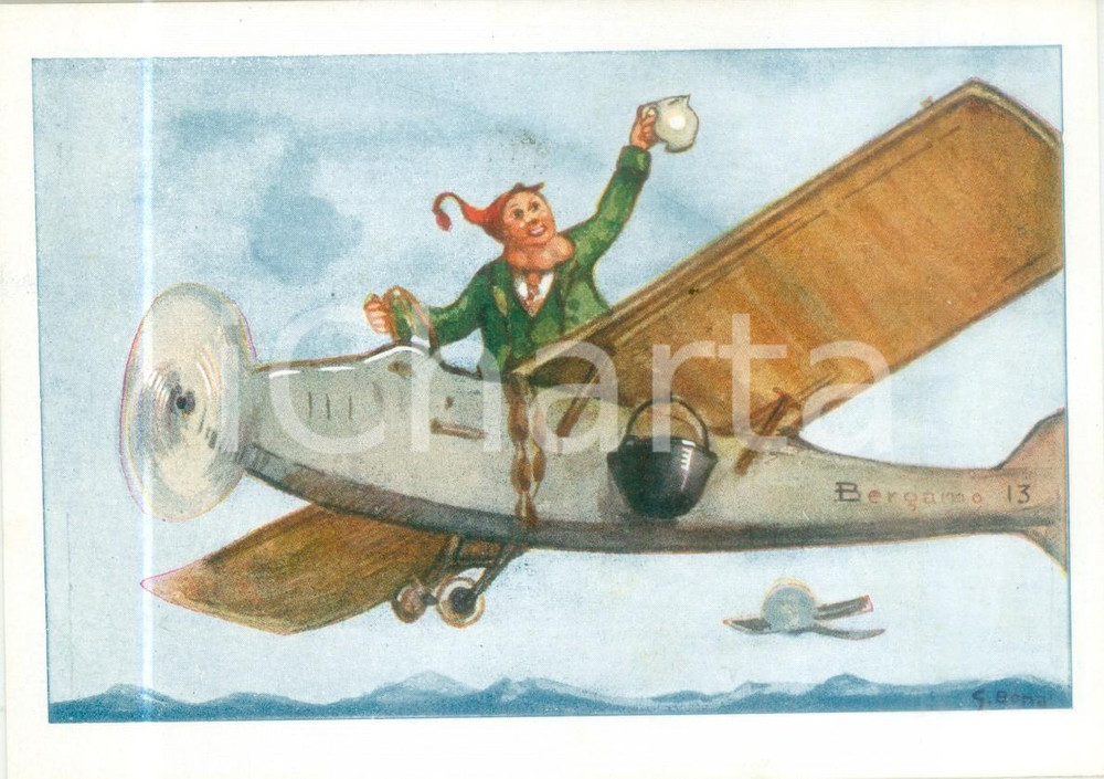 Cartolina originale da collezione 1970 ca BERGAMO Bergamasco su aereo con salsiccia Cartolina ILL. G. BONA 1
