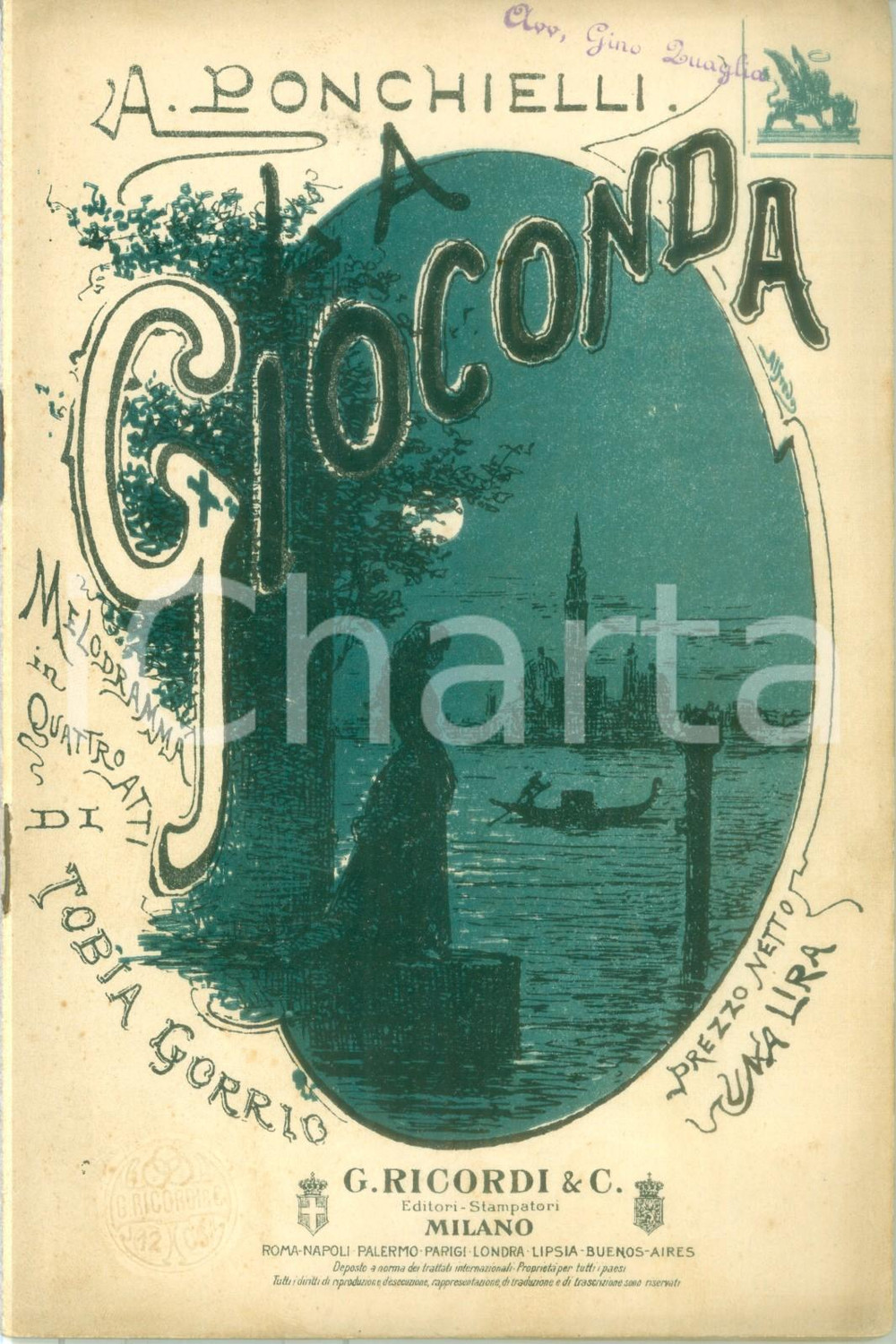 Oggetto da collezione cartaceo 1908 Tobia GORRIO Amilcare PONCHIELLI La Gioconda Edizioni RICORDI 1
