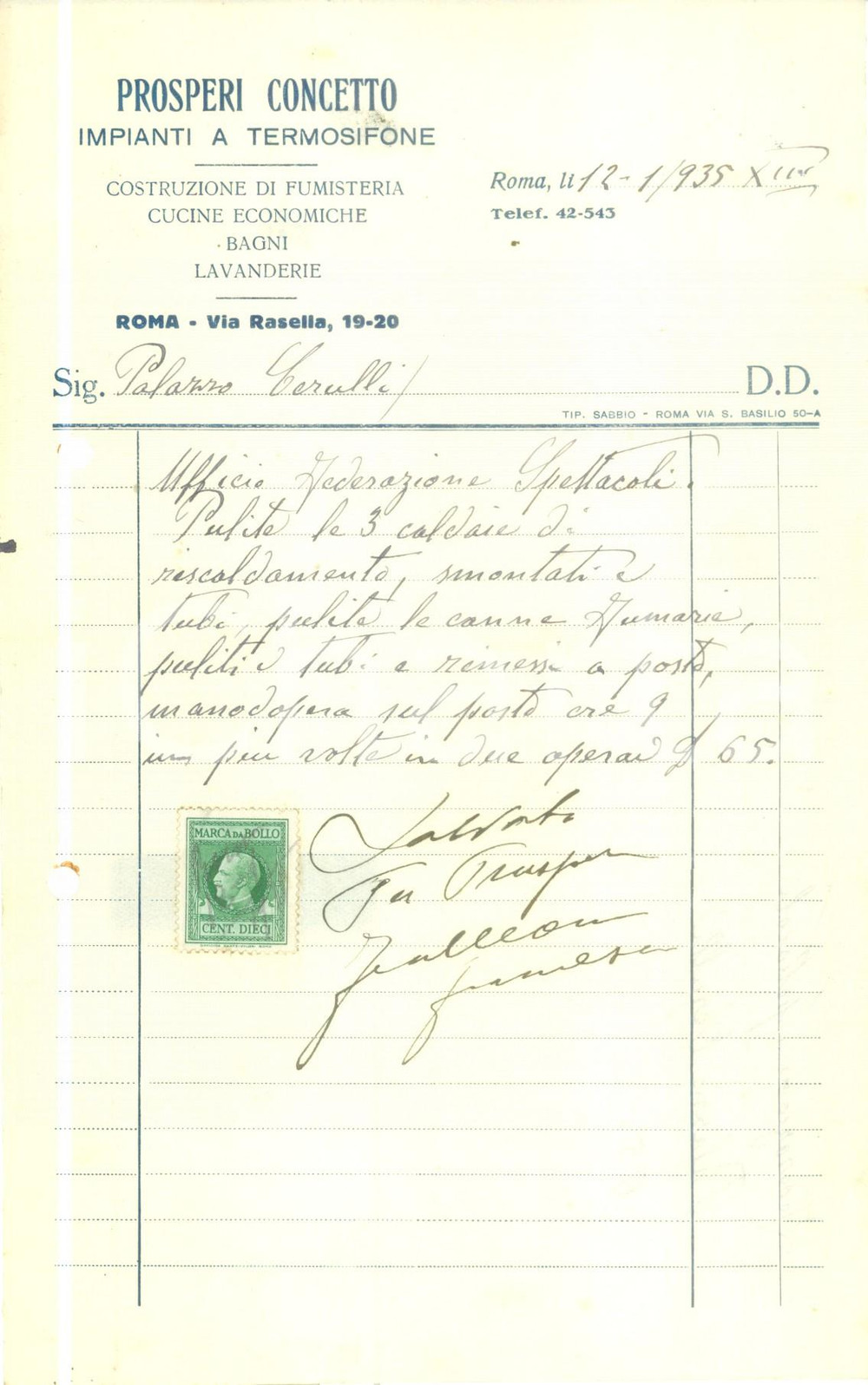 Materiale pubblicitario d’epoca 1935 ROMA Concetto PROSPERI Impianti termosifone Costruzione fumisteria Fattura 1