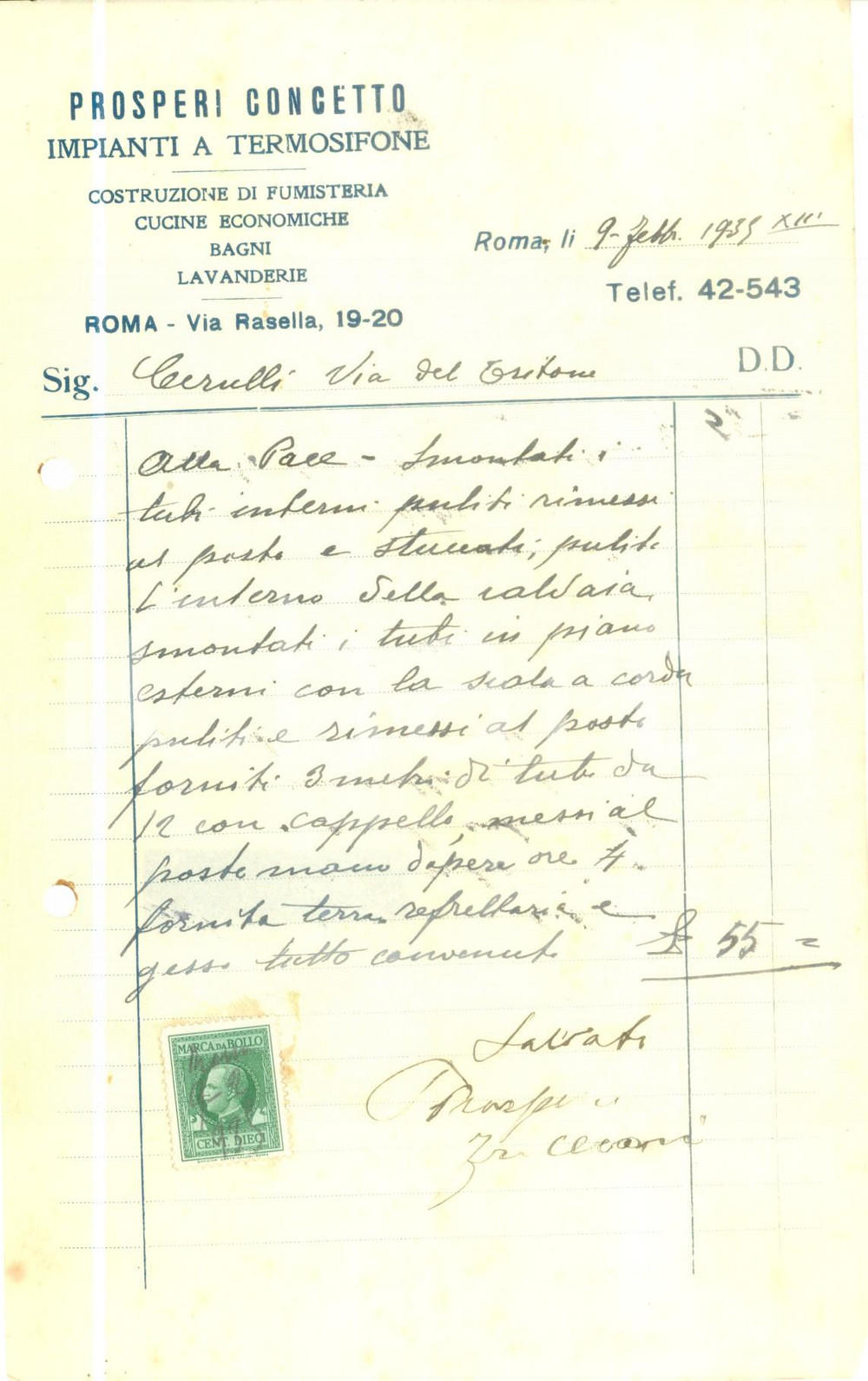 Documento originale, autentico 1935 ROMA Concetto PROSPERI Impianti termosifone  fumisteria Fattura 1