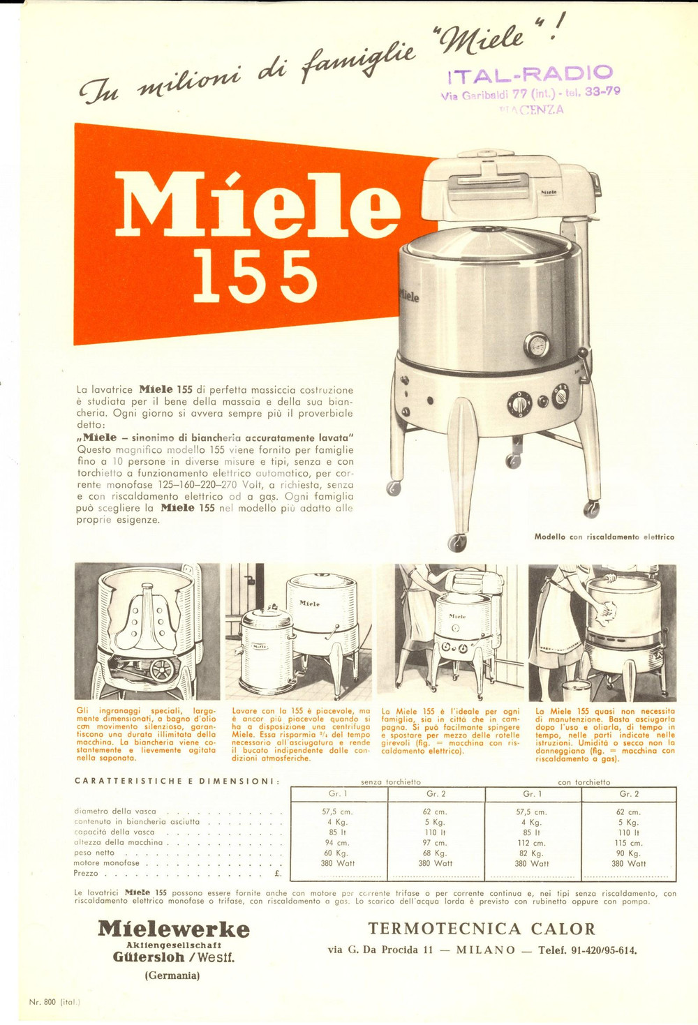 Materiale pubblicitario d’epoca 1955 ca MILANO TERMOTECNICA Volantino MIELE Lavatrice Mod. 155 Pubblicità 1 1